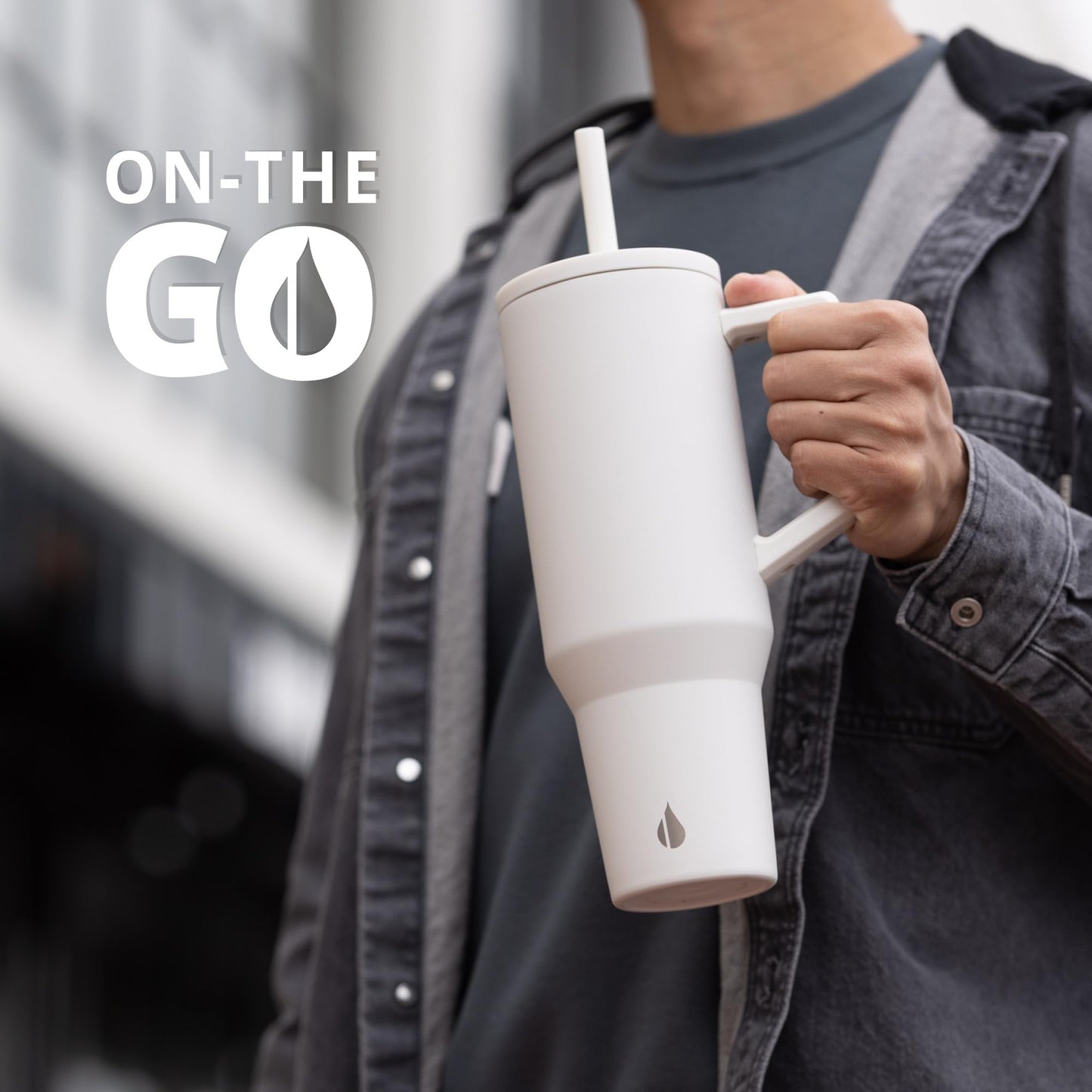 Elemental 40 oz Tumbler with Handle and Straw - Spill Proof Insulated Stainless Steel Commuter for Hot and Cold Beverages - Travel Coffee Mug with 2 Straws & Spill Proof Lid - 40oz - White