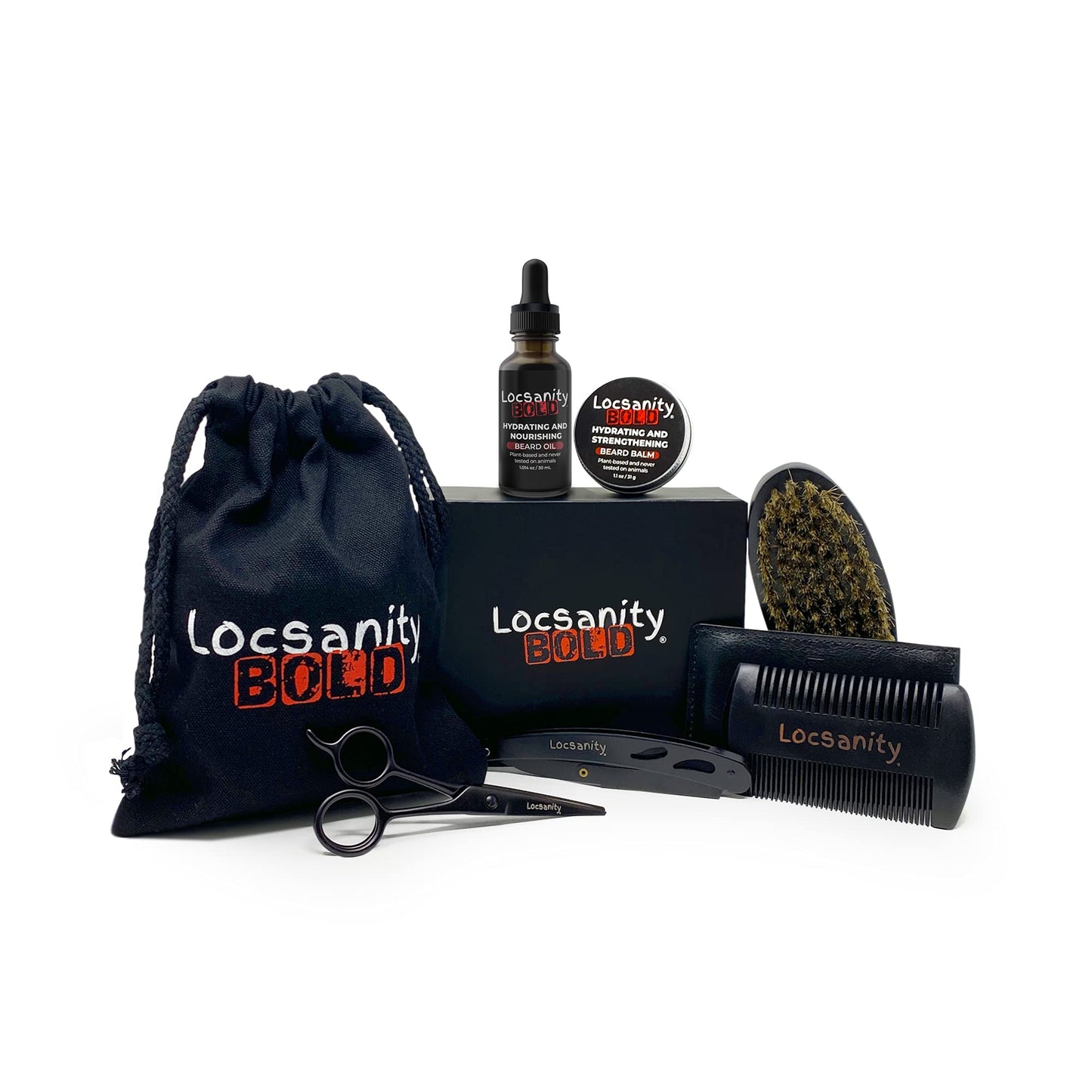 Locsanity BOLD Beard Kit, Beard Growth Kit, Beard Grooming Kit, Growth Oil, Balm Conditioner, Brush, Comb, Mustache Scissor, Storage Bag, Beard Care & Trimming Trimmer Kit Gifts for Men Him
