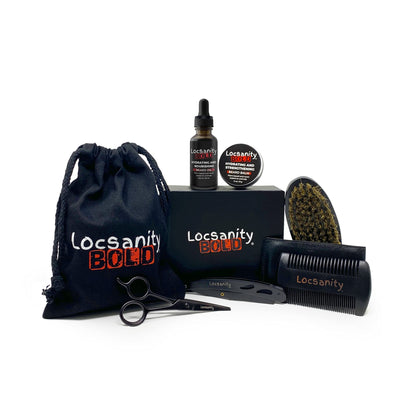 Locsanity BOLD Beard Kit, Beard Growth Kit, Beard Grooming Kit, Growth Oil, Balm Conditioner, Brush, Comb, Mustache Scissor, Storage Bag, Beard Care & Trimming Trimmer Kit Gifts for Men Him