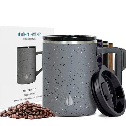 Elemental Insulated Coffee Mug - Triple-Wall Stainless Steel Summit Travel Cup for Hot and Cold Drinks - Thermal Coffee Mug with Lid and Handle for Camping, Office & Travel 16oz - Grey Speckle