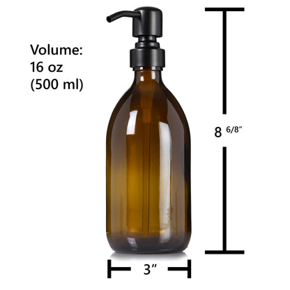 Artanis Home Refillable Amber Glass Dish Hand Soap Lotion Dispenser 16 oz, 2-Pack – Apothecary Bottle with Black Satin Pump