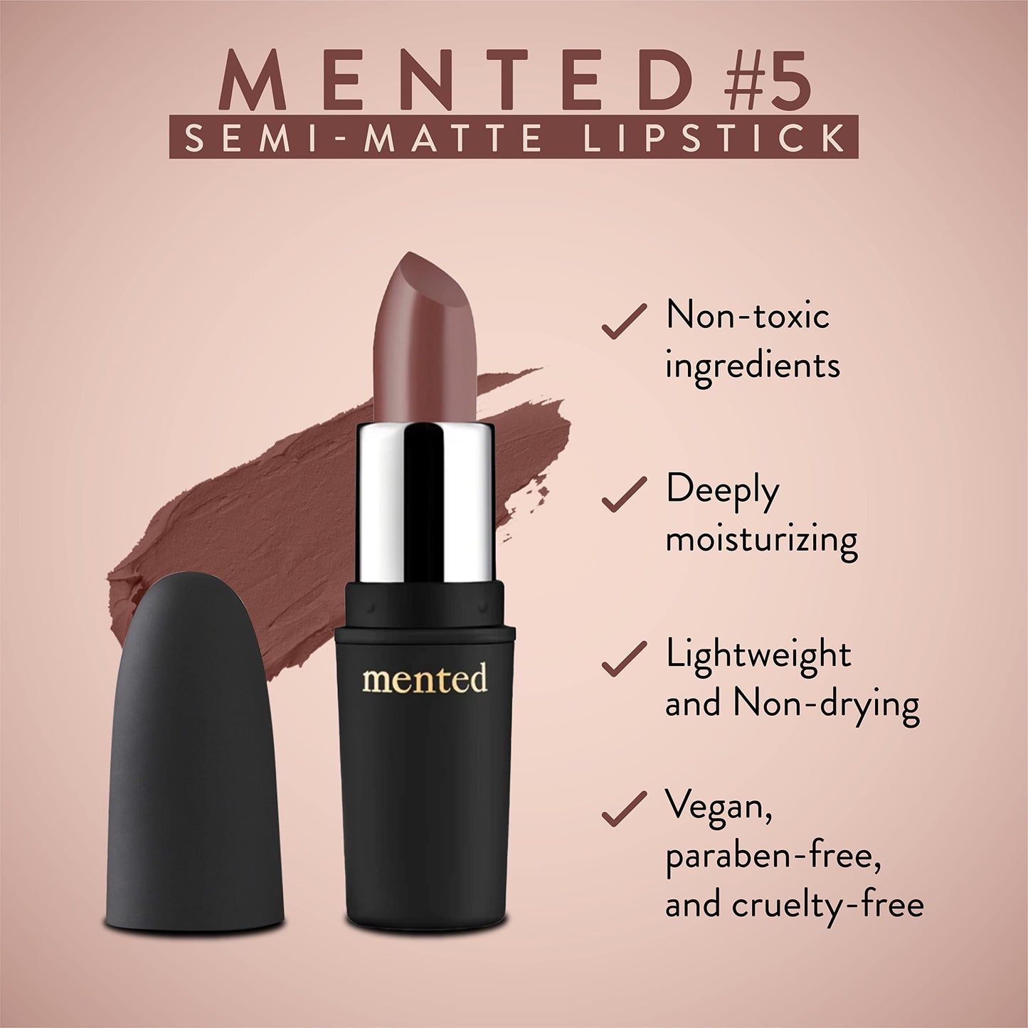 Mented Cosmetics | Semi Matte Nude Lipstick, Mented No. 5 | Vegan, Paraben-free, Cruelty-free | Nude Pink Brown, Long Lasting and Moisturizing Lipstick