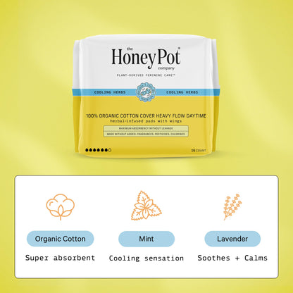 The Honey Pot Company - Heavy Daytime & Liners Bundle - Herbal Pads Insused w/Essential Oils for Cooling Effect & Organic Cotton Cover - Feminine Care - Sanitary Pads for Women - FSA & HSA Eligible