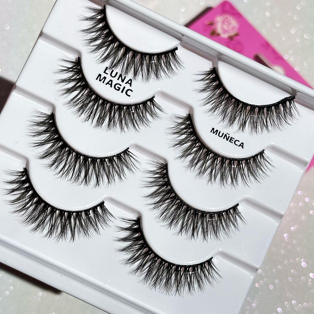 LUNA MAGIC Muńeca Faux Mink Lashes, Multipack, Natural Everyday Wear, Reusable, Wispy & Natural, Cruelty Free, 13MM, 4 Pairs