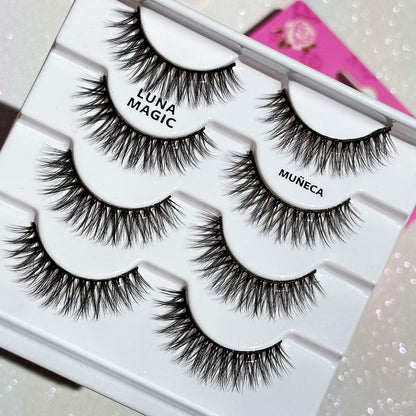 LUNA MAGIC Muńeca Faux Mink Lashes, Multipack, Natural Everyday Wear, Reusable, Wispy & Natural, Cruelty Free, 13MM, 4 Pairs