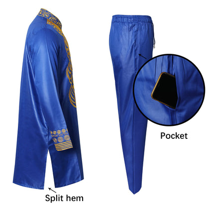 TIDOIRSA African Mens Clothing,Gold Embroidery Men Shirt and Pants Outfit 2 Piece Set (5XL,Blue)