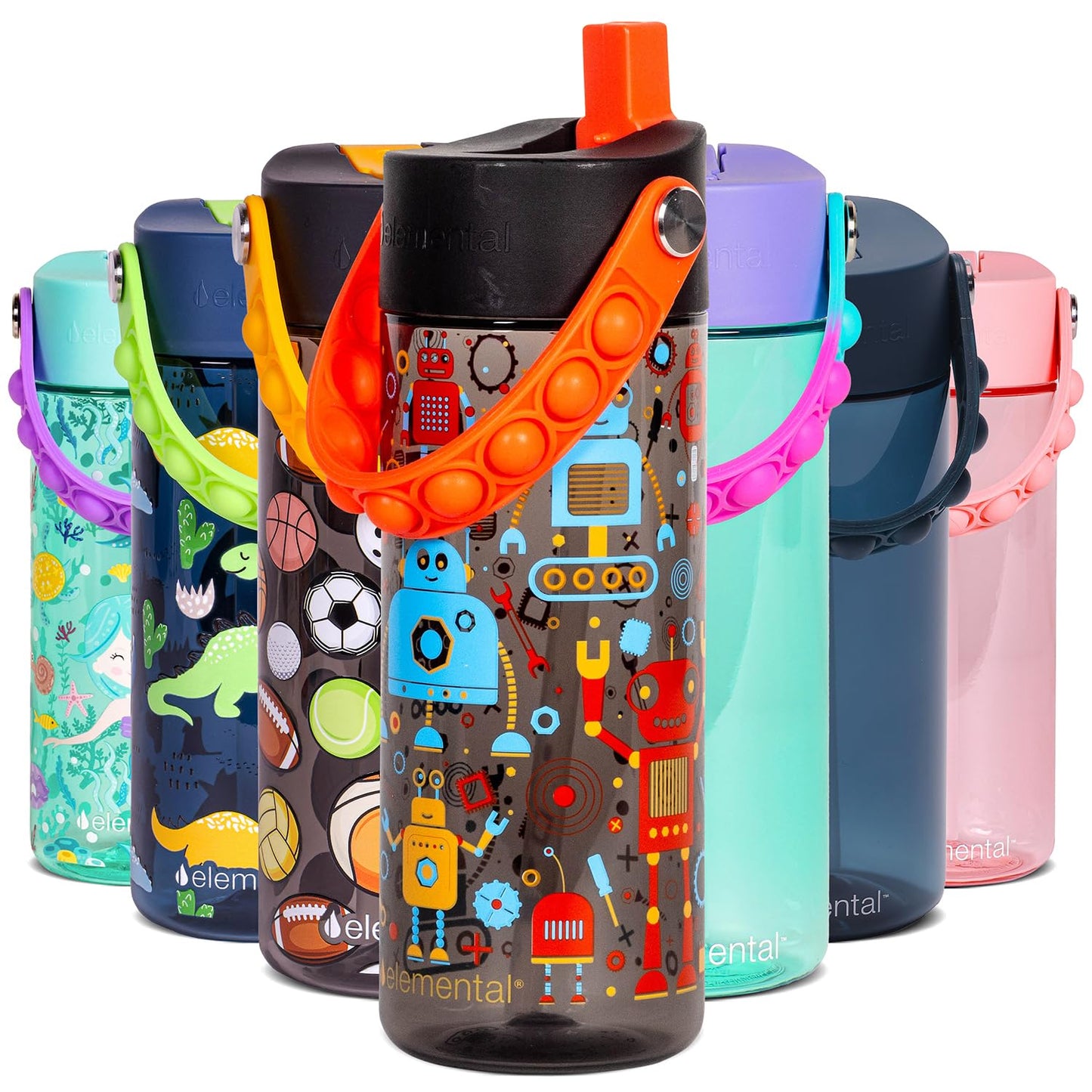Elemental Leak Proof Water Bottles for Kids - Splash Kids Water Bottle for School with Pop-it Handle - BPA Free Tritan Plastic Reusable Water Bottle with Straw - Blue Robot - 18oz