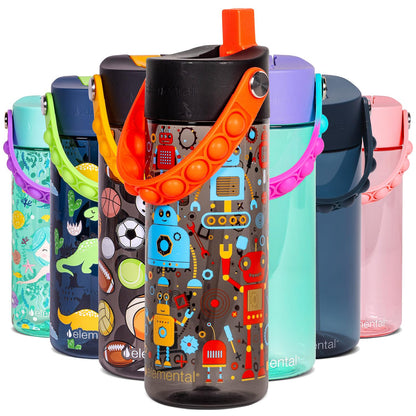 Elemental Leak Proof Water Bottles for Kids - Splash Kids Water Bottle for School with Pop-it Handle - BPA Free Tritan Plastic Reusable Water Bottle with Straw - Blue Robot - 18oz