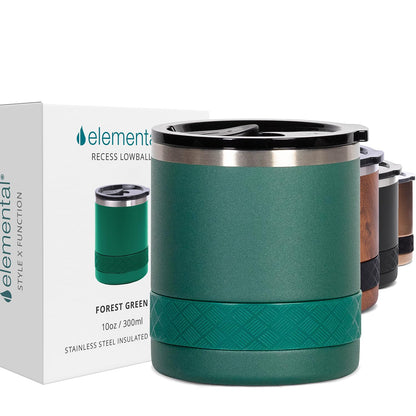 Elemental Recess Lowball Tumbler, 10oz Triple Wall Stainless Steel Cup with Non-Shattered Tritan Lid, Insulated Whiskey Glass, Insulated Coffee Tumbler Mug for Hot & Cold Drinks - Forest Green