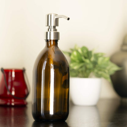 Artanis Home Refillable Amber Glass Dish Hand Soap Lotion Dispenser 16 oz, 2-Pack – Apothecary Bottle with Stainless Steel Pump