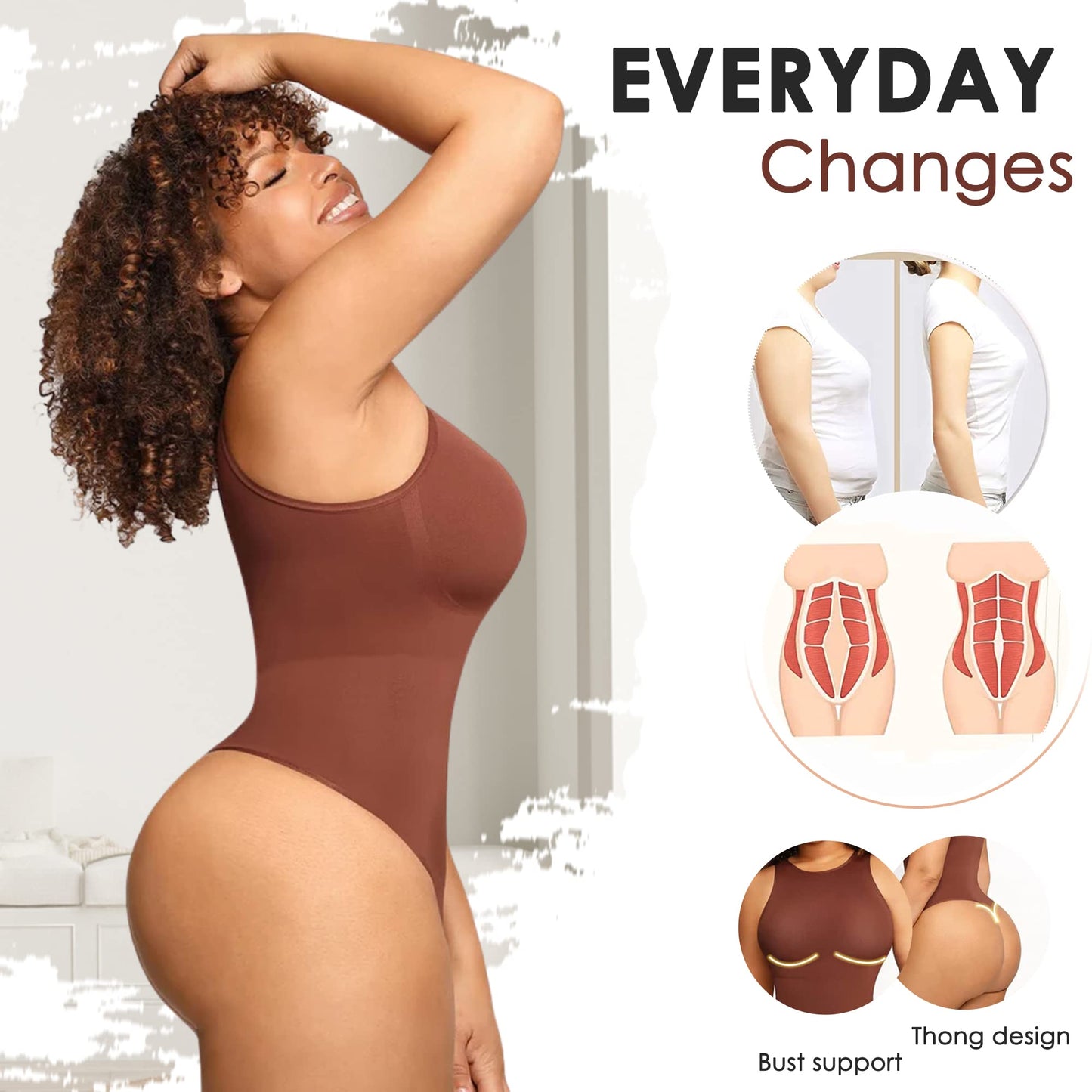 Soo slick Bodysuit for Women Tummy Control - Shapewear Racerback Top Clothing Seamless Body Sculpting Shaper High Neck - Brown M/L