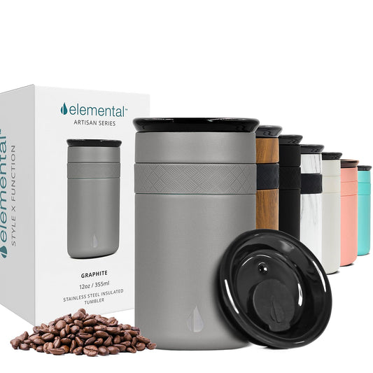 Elemental Artisan Insulated Tumbler, Triple Wall Coffee Travel Mug, Reusable Stainless Steel Coffee Tumbler with Ceramic Lid, Thermal Coffee Cups for Hot (6 Hrs) & Cold (18 Hrs), 12oz - Graphite