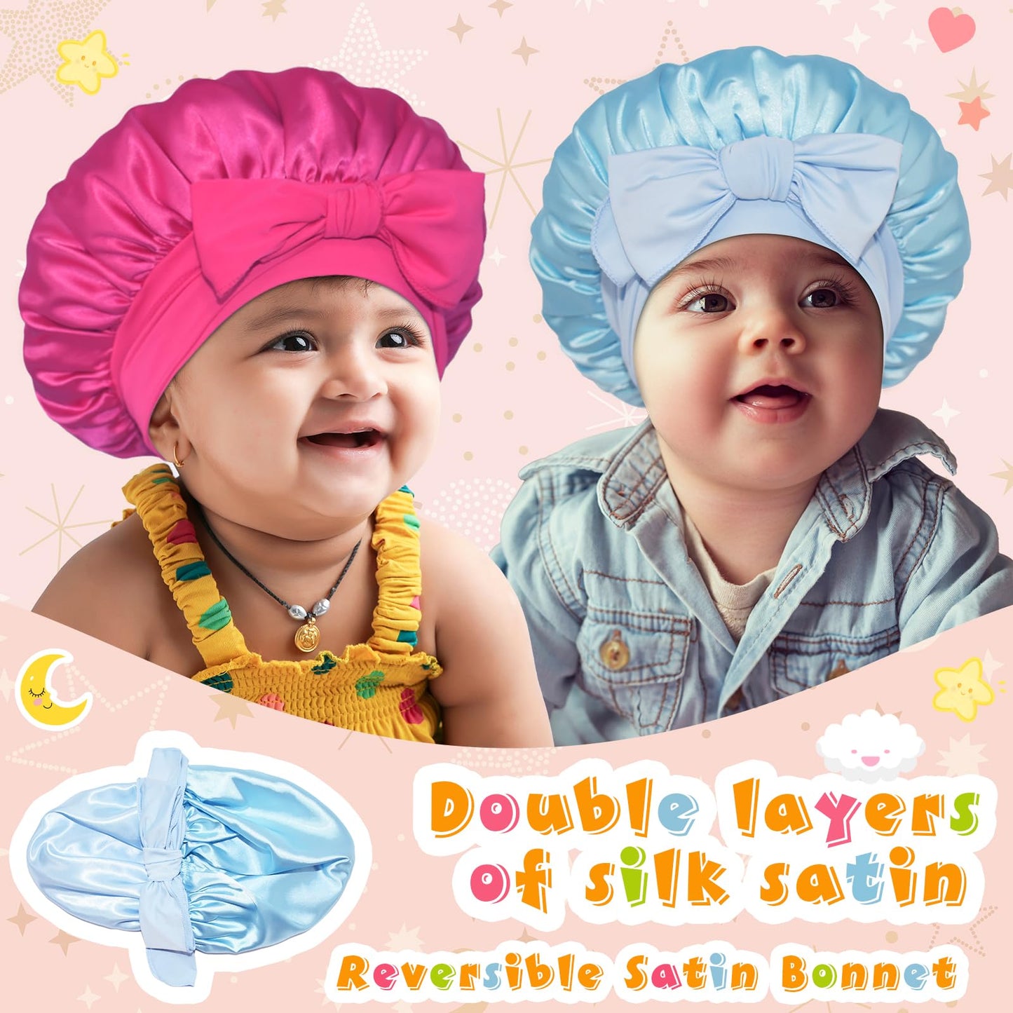 BONNET QUEEN Baby Bonnet Kids Bonnet Double Layer Silk Bonnet for Sleeping Satin Bonnet Adjustable Silk Hair Wrap with Tie Band 2Pcs 6-12 Months Hot Pink+Light Blue