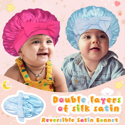 BONNET QUEEN Baby Bonnet Kids Bonnet Double Layer Silk Bonnet for Sleeping Satin Bonnet Adjustable Silk Hair Wrap with Tie Band 2Pcs 6-12 Months Hot Pink+Light Blue