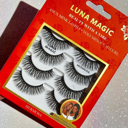 LUNA MAGIC Hermosa Faux Mink Lashes, Multipack, Voluminous 3-D Curl, Reusable, Wispy & Natural, Cruelty Free, 13MM, 4 Pairs