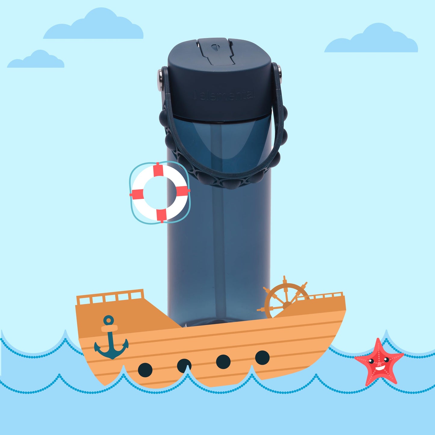 Elemental Leak Proof Water Bottles for Kids - Splash Kids Water Bottle for School with Pop-it Handle - BPA Free Tritan Plastic Reusable Water Bottle with Straw - Navy Blue - 18oz