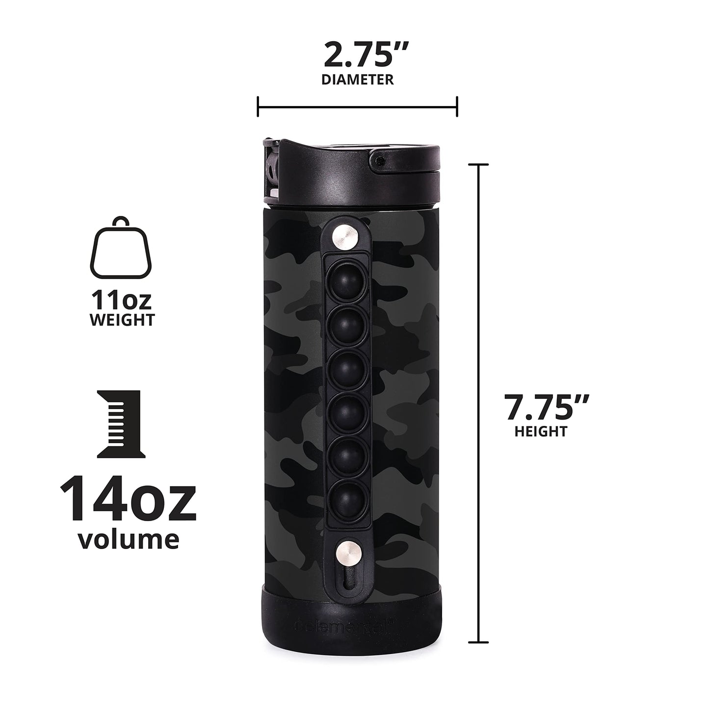 Elemental Iconic Kids Water Bottle with Straw Lid & Stress Relief Pop It Handle, Leak-Proof When Closed, Triple Insulated Kids Stainless Steel Water Bottle For Girls and Boys, 14oz - Black Camo
