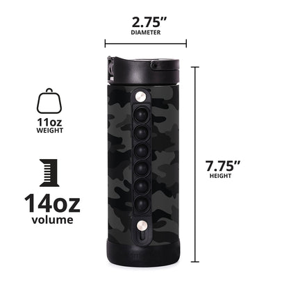 Elemental Iconic Kids Water Bottle with Straw Lid & Stress Relief Pop It Handle, Leak-Proof When Closed, Triple Insulated Kids Stainless Steel Water Bottle For Girls and Boys, 14oz - Black Camo