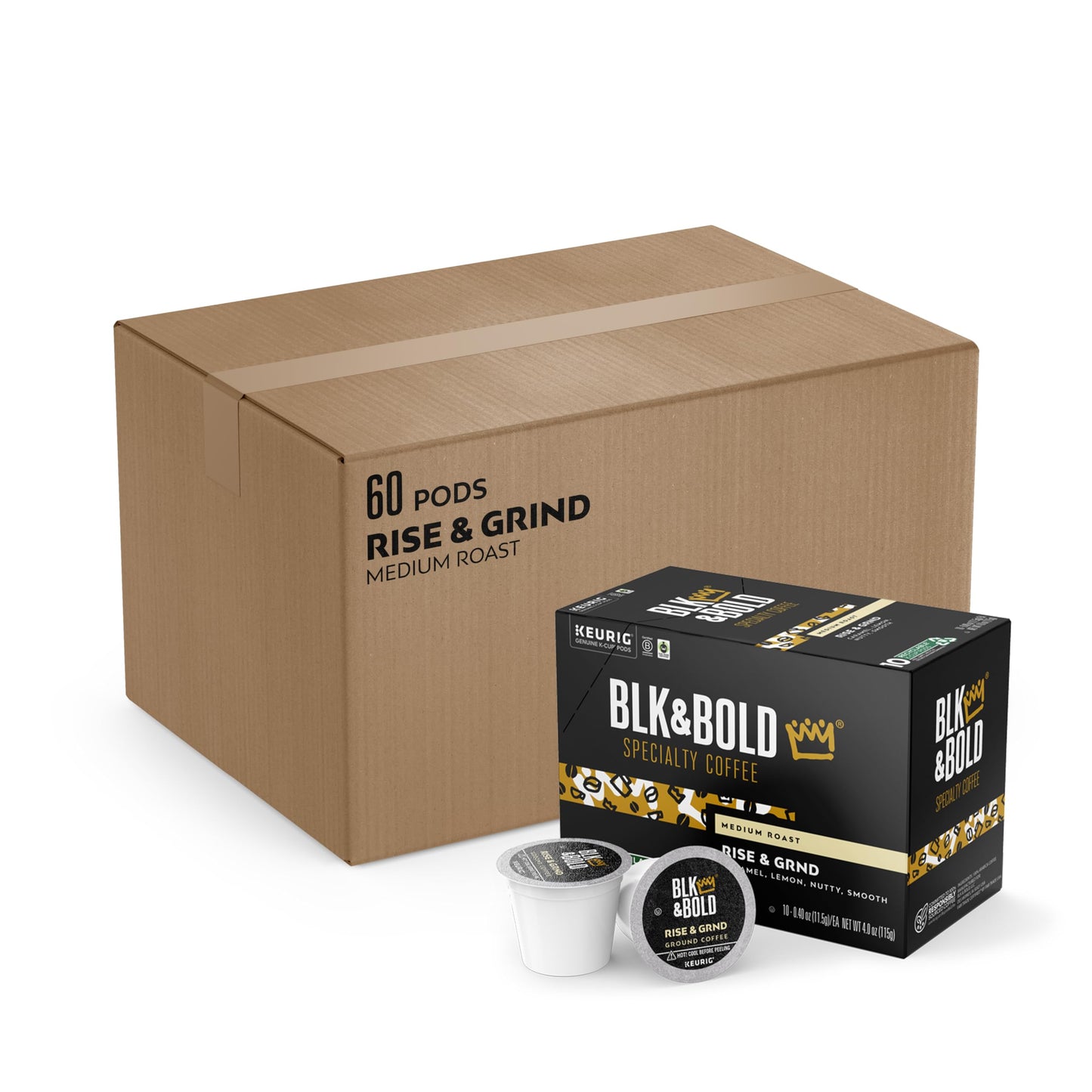 BLK & Bold Rise & GRND, Keurig Single Serve K-Cup Pods, Premium Medium Roast, 100% Arabica Beans, 60 Counts (6 Packs of 10)