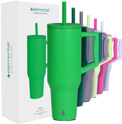 Elemental 40 oz Tumbler with Handle and Straw - Spill Proof Insulated Stainless Steel Commuter for Hot and Cold Beverages - Travel Coffee Mug with 2 Straws & Spill Proof Lid - 40oz - Green