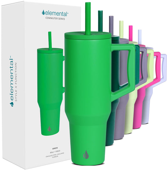 Elemental 40 oz Tumbler with Handle and Straw - Spill Proof Insulated Stainless Steel Commuter for Hot and Cold Beverages - Travel Coffee Mug with 2 Straws & Spill Proof Lid - 40oz - Green