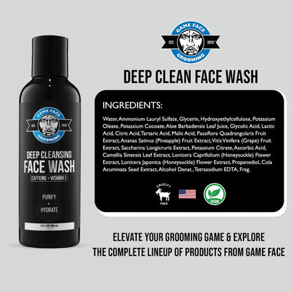 Game Face Grooming Men’s Face Wash - Deep Cleansing Face Wash with Caffeine and Vitamin E | Glycerin, Honeysuckle, Aloe Vera, & Grape Seed Oil |Purify and Hydrate Your Skin | 3 Fl Oz