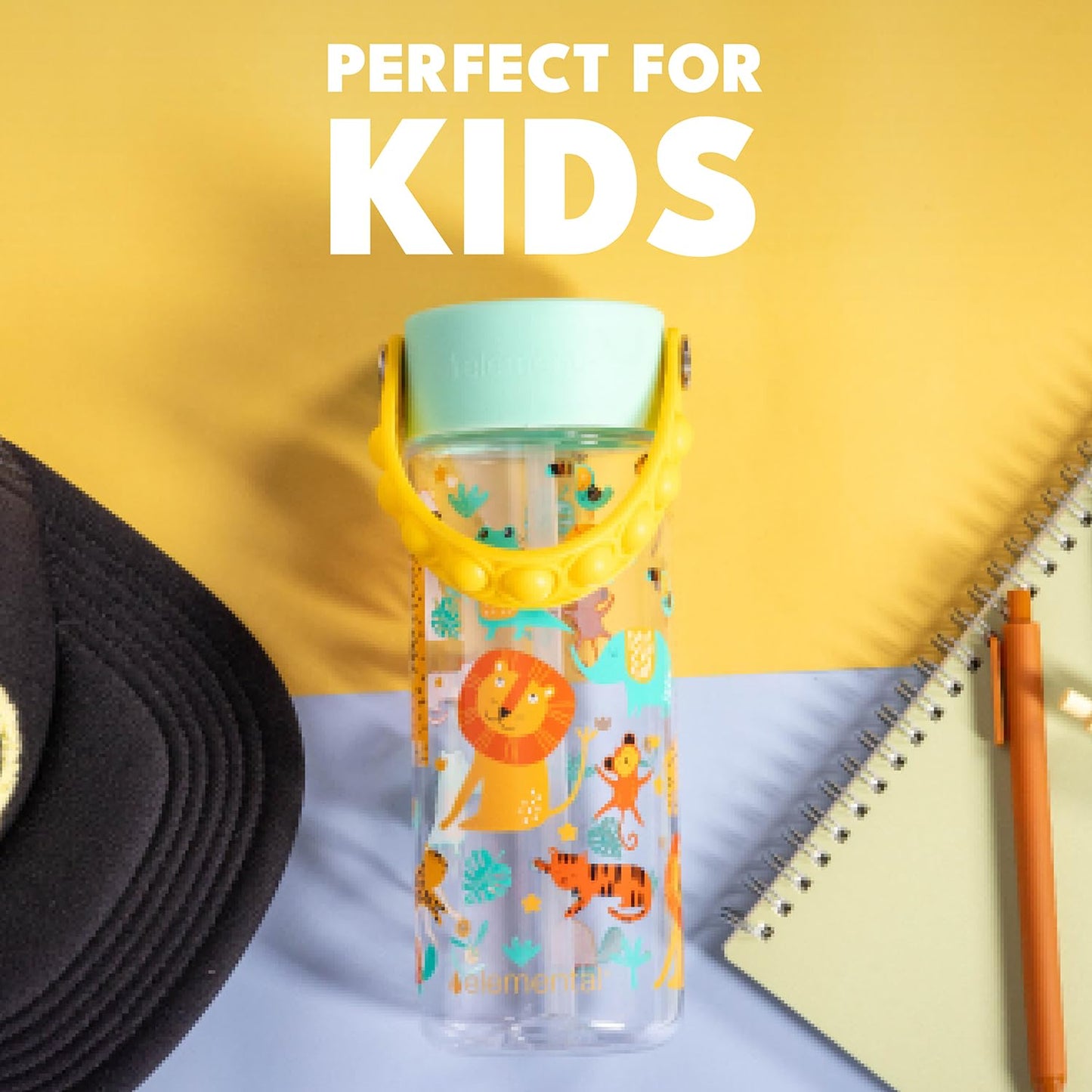 Elemental Leak Proof Water Bottles for Kids - Splash Kids Water Bottle for School with Pop-it Handle - BPA Free Tritan Plastic Reusable Water Bottle with Straw - Clear Jungle - 18oz