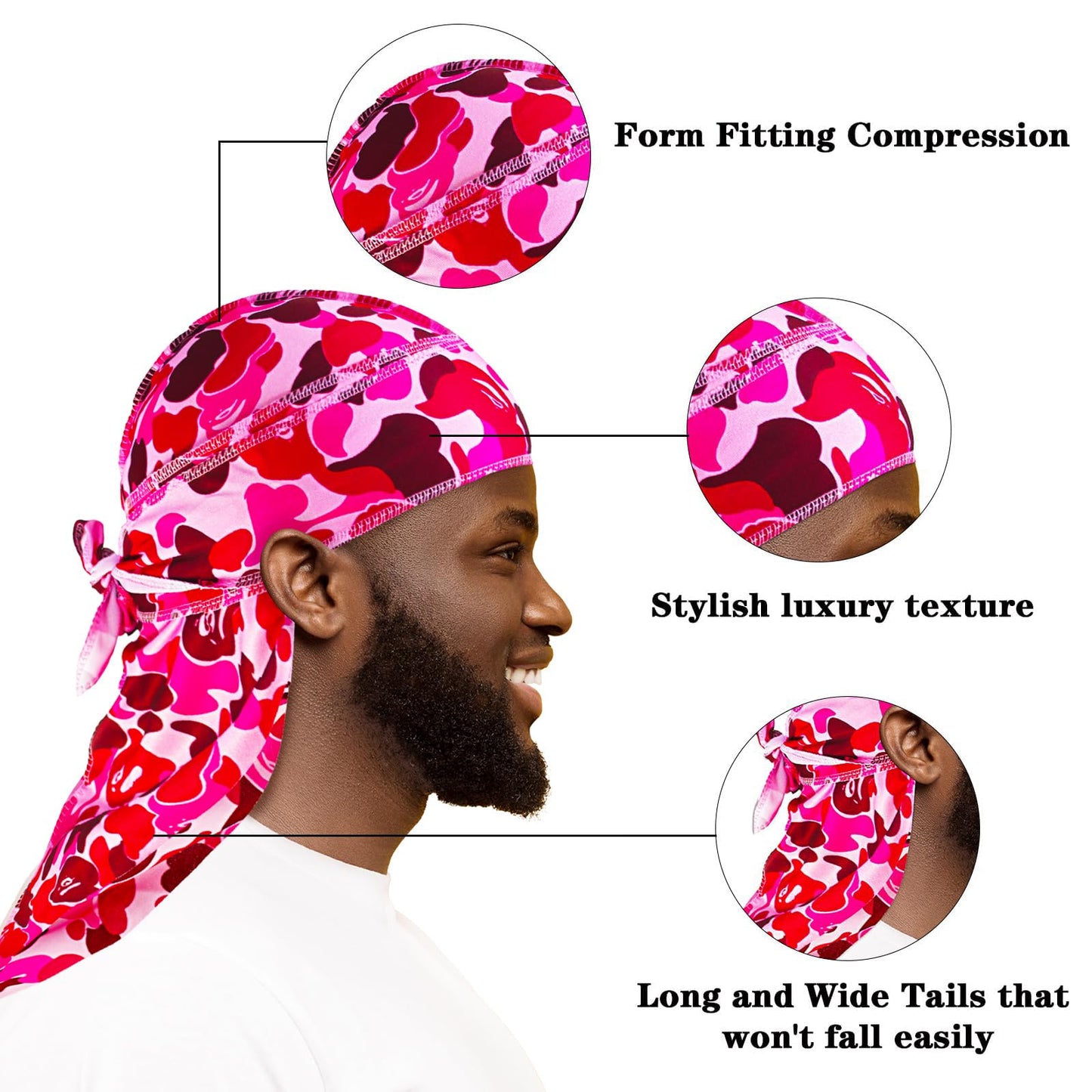 Durag for Men Fashion Do Rag with Long Tail Durag Breathable Bandana Hat Dreadlocks Holder Hoodie Durage Wave Cap Pink Camouflage