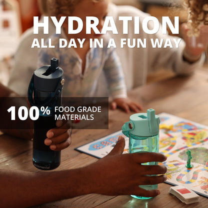 Elemental Leak Proof Water Bottles for Kids - Splash Kids Water Bottle for School with Pop-it Handle - BPA Free Tritan Plastic Reusable Water Bottle with Straw - Blue Tie Dye - 18oz