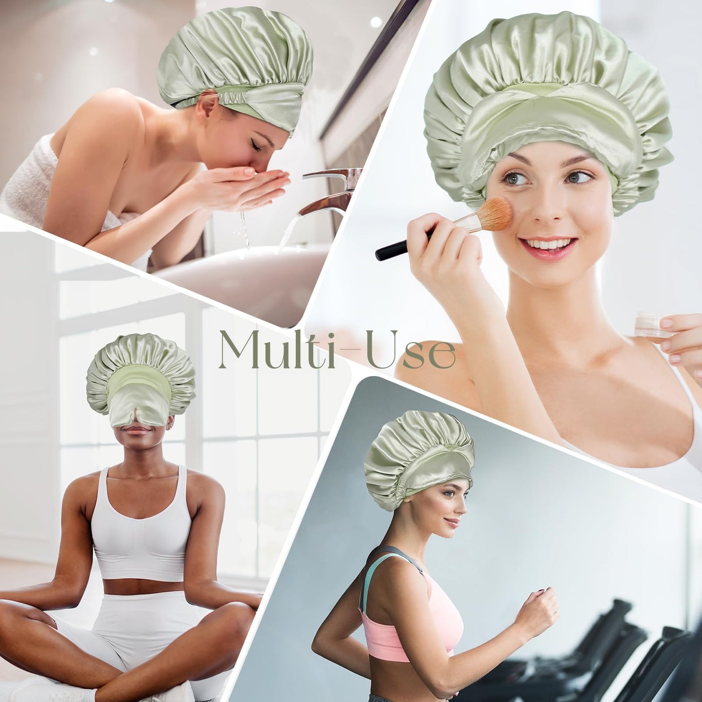 BONNET QUEEN Silk Bonnet for Sleeping Women Satin Bonnet with Eye Mask Non Slip Hair Bonnet for Curly Hair Night Sleep Cap Green+Green