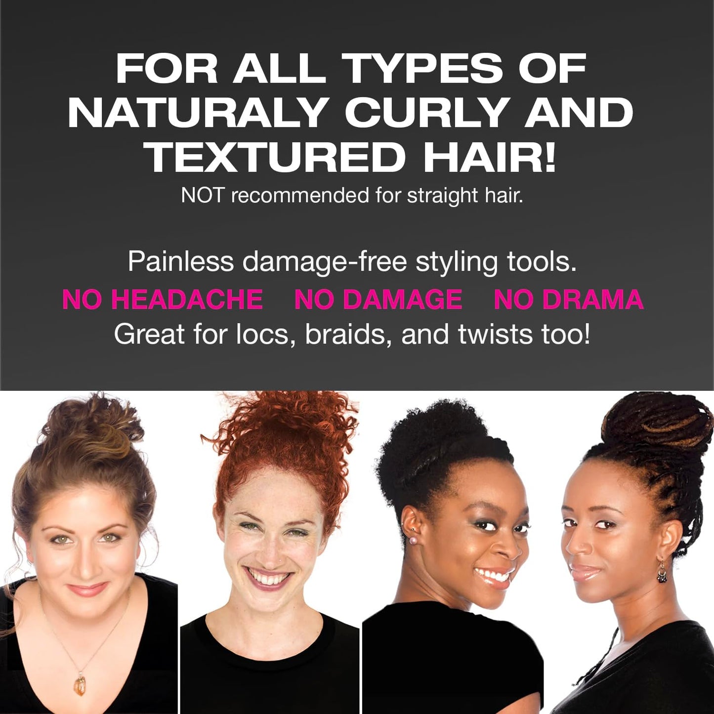 PuffCuff Just Try It Curlfriend!, Original 5”, Junior 3”, Mini 2.5” Micro 1.5” and Teeny 1.25”, For Thick, Curly, Textured Hair, Painless, Damage-Free Styling for Big Hair, Black