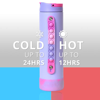 Elemental Iconic Kids Water Bottle with Straw Lid & Stress Reliever Pop It Handle, Leak-Proof When Closed, Triple Insulated Stainless Steel Reusable Thermos Water Bottle, 20oz - Lilac Tie Dye