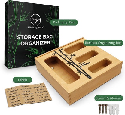 randomgrounds ZipLock Bag Storage Organizer for Drawer - Artistic Design 100% Bamboo Wooden Ziplock Plastic Sandwich Baggie, Zip Lock Home Kitchen Pantry Organization Holder with Magnetic Lock