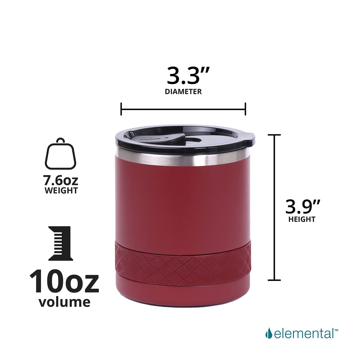 Elemental Recess Lowball Tumbler, 10oz Triple Wall Stainless Steel Cup with Non-Shattered Tritan Lid, Insulated Whiskey Glass, Insulated Coffee Tumbler Mug for Hot & Cold Drinks - Burgundy