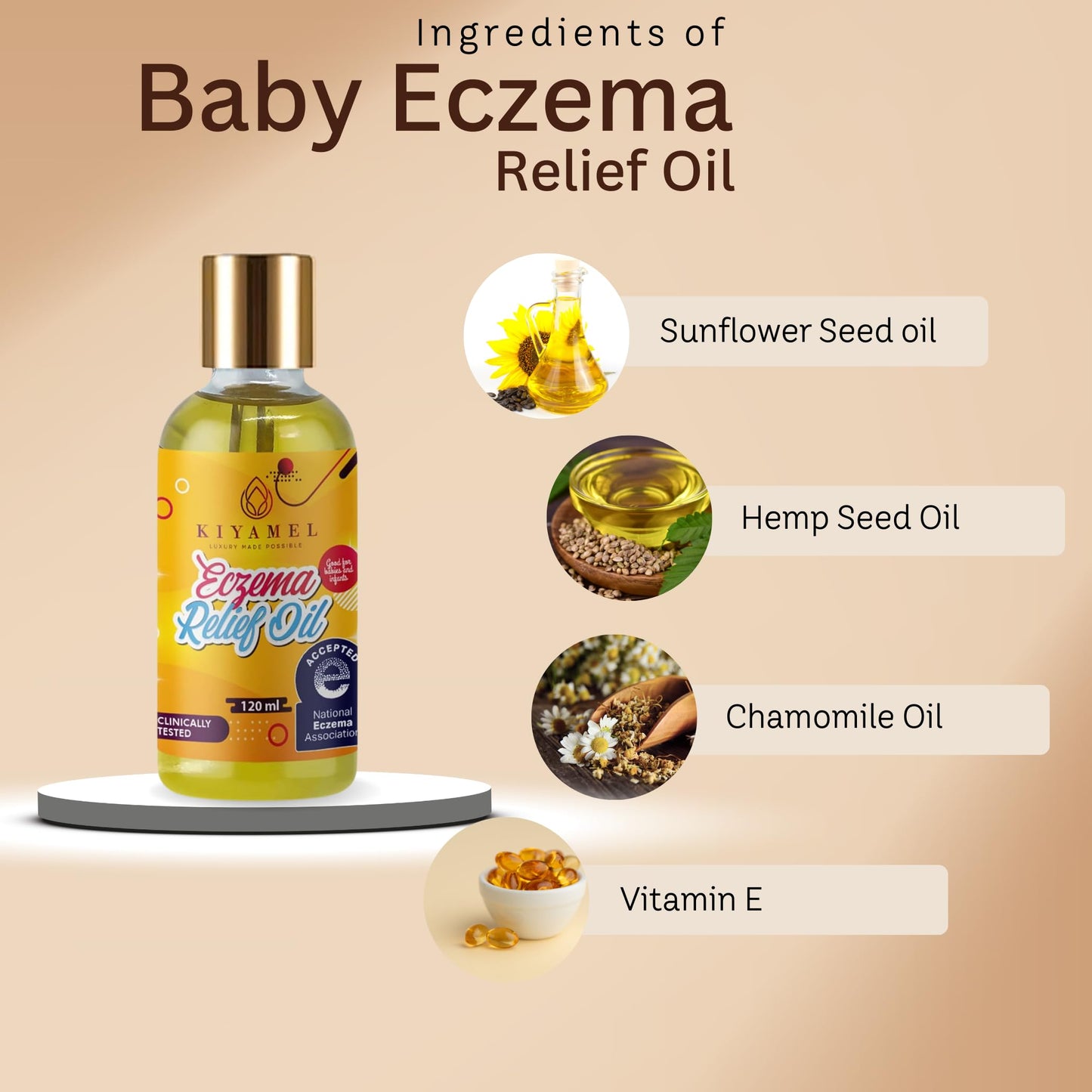KIYAMEL | Moisturizing Eczema Relief Essential Baby Oil with Hemp Seed Oil for Dry, Itchy Skin, Soothing Moisturizer with Vitamin E and Chamomile, Revitalizing Hydration for Babies/Kids/Children