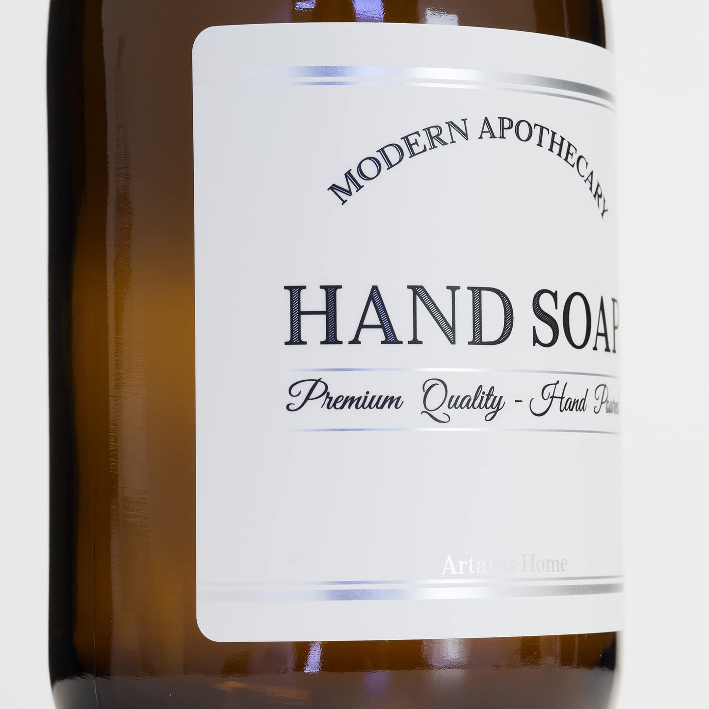 Artanis Home Refillable Amber Glass Hand Soap/Lotion Dispenser 16 oz, 2-Pack – Chrome Accent Waterproof Labeled Apothecary Bottle with Stainless Steel Pumps