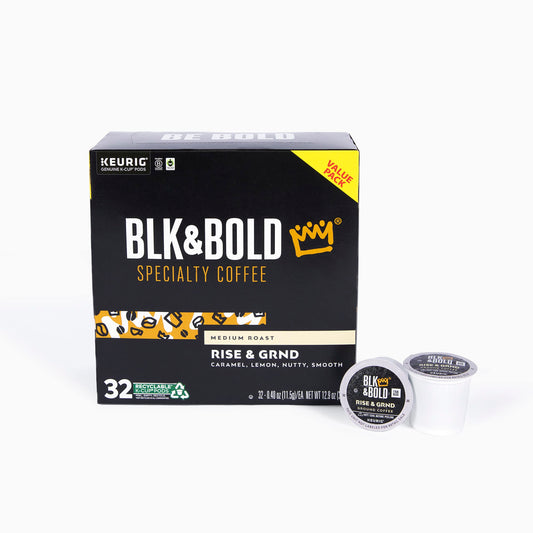 BLK & Bold Rise & GRND, Single Serve Coffee Pods, Premium Medium Roast, 100% Arabica Beans, 32 Count