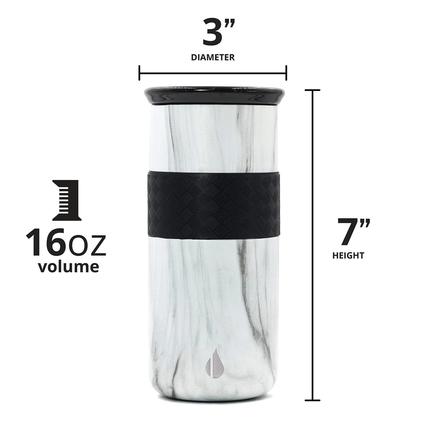 Elemental Artisan Insulated Tumbler, Triple Wall Coffee Travel Tumbler, Reusable Stainless Steel Coffee Tumbler with Ceramic Lid, Thermal Coffee Cup for Hot (6 Hrs) & Cold (18 Hrs) 16oz - White Marble
