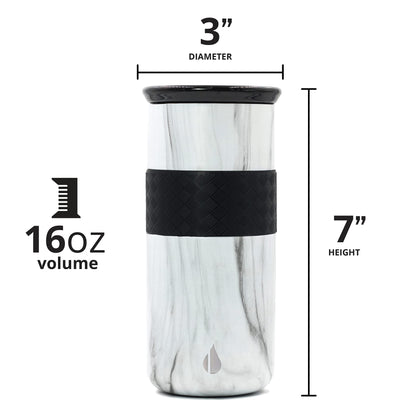 Elemental Artisan Insulated Tumbler, Triple Wall Coffee Travel Tumbler, Reusable Stainless Steel Coffee Tumbler with Ceramic Lid, Thermal Coffee Cup for Hot (6 Hrs) & Cold (18 Hrs) 16oz - White Marble