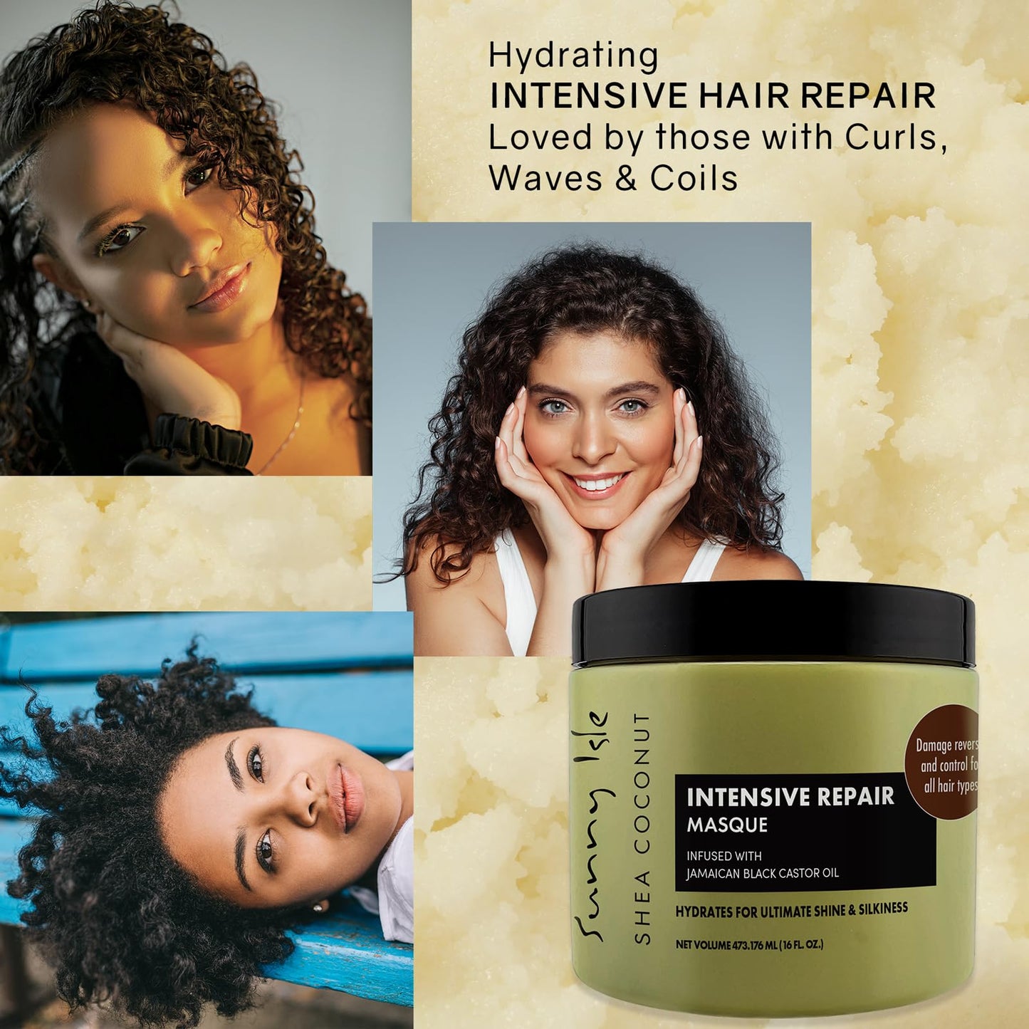 Sunny Isle Shea Coconut Intensive Repair Masque 16oz | Jamaican Black Castor Oil Infused | Deeply Conditions, Repairs, Hydrates, Strengthens Damaged Hair | Adds Shine & Body