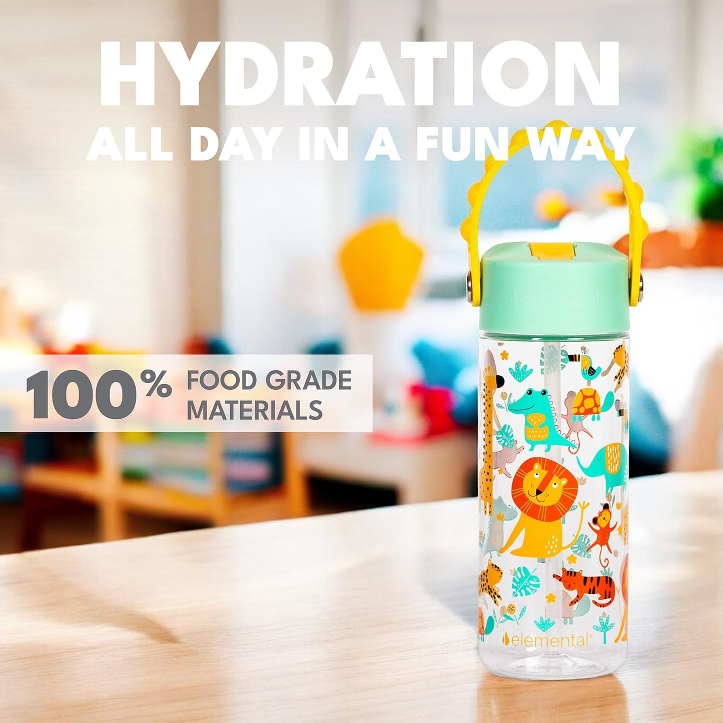 Elemental Leak Proof Water Bottles for Kids - Splash Kids Water Bottle for School with Pop-it Handle - BPA Free Tritan Plastic Reusable Water Bottle with Straw - Clear Jungle - 18oz