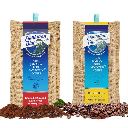 Plantation Blue Mountain Coffee Bundle - 1lb Medium Roast Beans and 12oz Dark Roast Ground