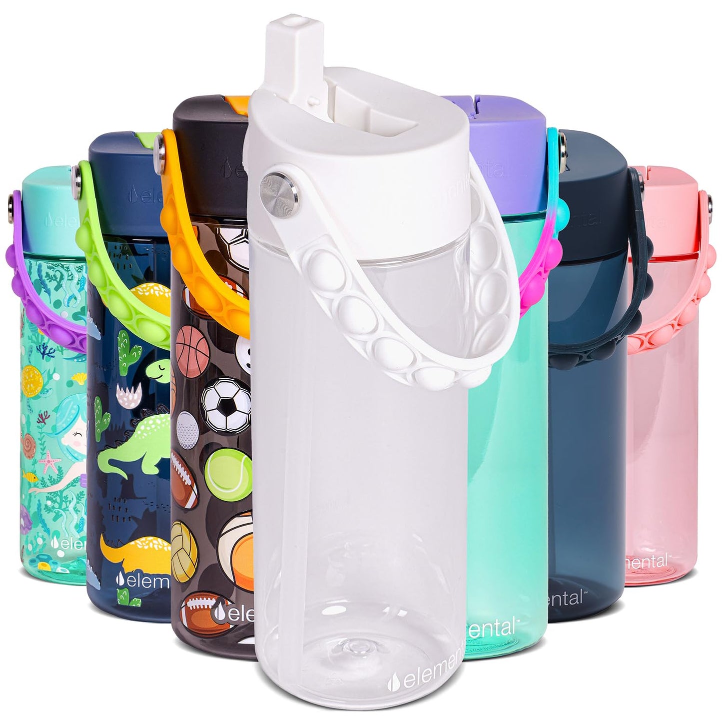 Elemental Leak Proof Water Bottles for Kids - Splash Kids Water Bottle for School with Pop-it Handle - BPA Free Tritan Plastic Reusable Water Bottle with Straw - Clear - 18oz