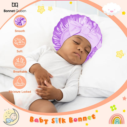 BONNET QUEEN Baby Bonnet Kids Bonnet Double Layer Silk Bonnet for Sleeping Satin Bonnet Adjustable Silk Hair Wrap with Tie Band 2Pcs 6-12 Months Pink+Purple