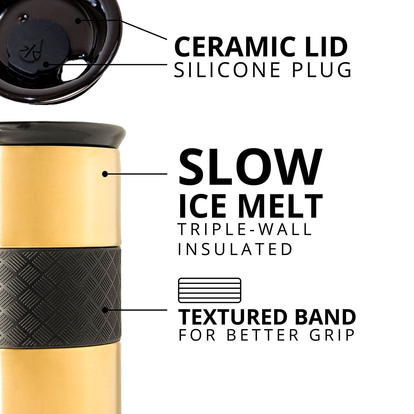 Elemental Artisan Insulated Tumbler, Triple Wall Coffee Travel Mug, Reusable Stainless Steel Coffee Tumbler with Ceramic Lid, Thermal Coffee Cups for Hot (6 Hrs) & Cold (18 Hrs), 16oz - Gold