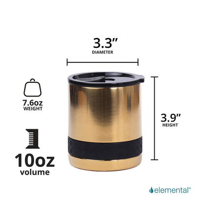 Elemental Recess Lowball Tumbler, 10oz Triple Wall Stainless Steel Cup with Non-Shattered Tritan Lid, Insulated Whiskey Glass, Insulated Coffee Tumbler Mug for Hot & Cold Drinks - Gold