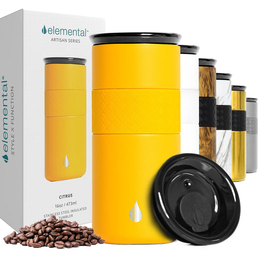 Elemental Artisan Insulated Tumbler, Triple Wall Coffee Travel Tumbler, Reusable Stainless Steel Coffee Tumbler with Ceramic Lid, Thermal Coffee Cup for Hot (6 Hrs) & Cold (18Hrs) 16oz - Citrus Yellow