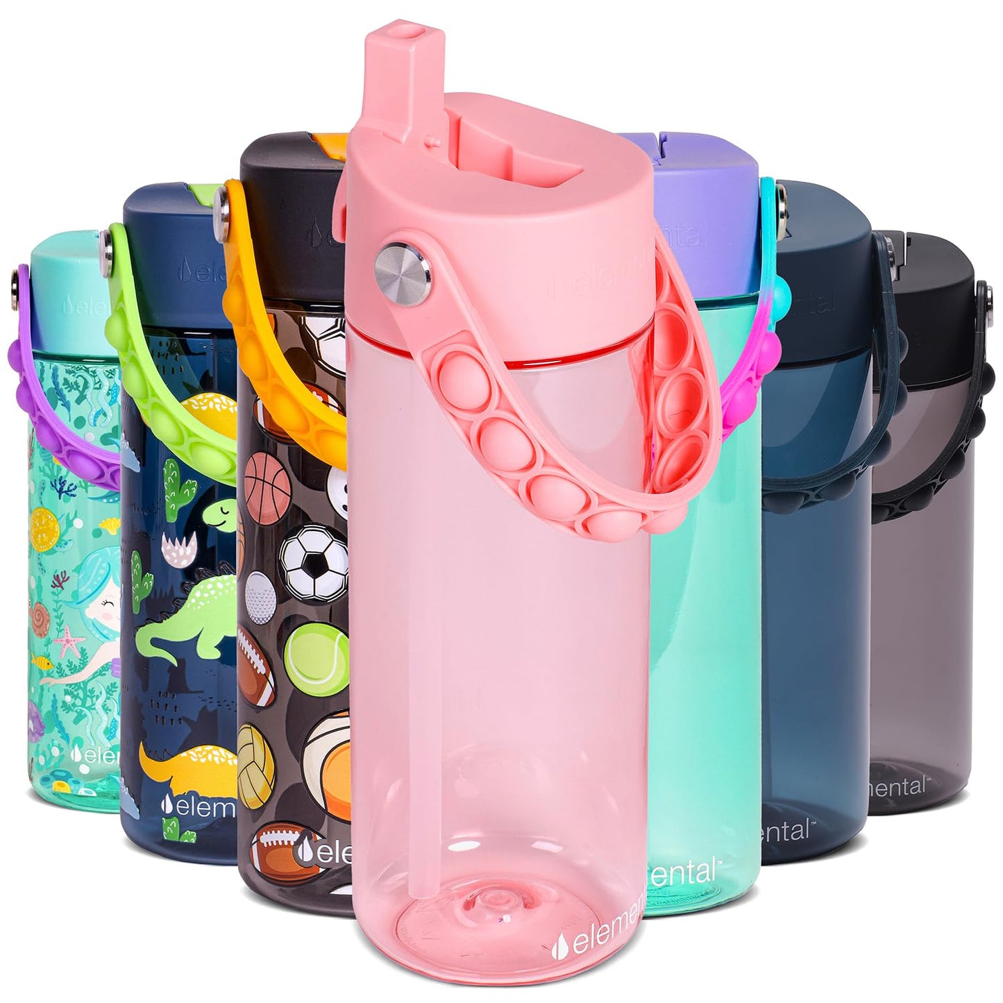 Elemental Leak Proof Water Bottles for Kids - Splash Kids Water Bottle for School with Pop-it Handle - BPA Free Tritan Plastic Reusable Water Bottle with Straw - Pink - 18oz
