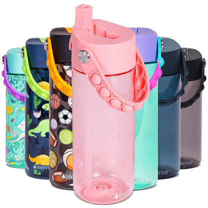 Elemental Leak Proof Water Bottles for Kids - Splash Kids Water Bottle for School with Pop-it Handle - BPA Free Tritan Plastic Reusable Water Bottle with Straw - Pink - 18oz