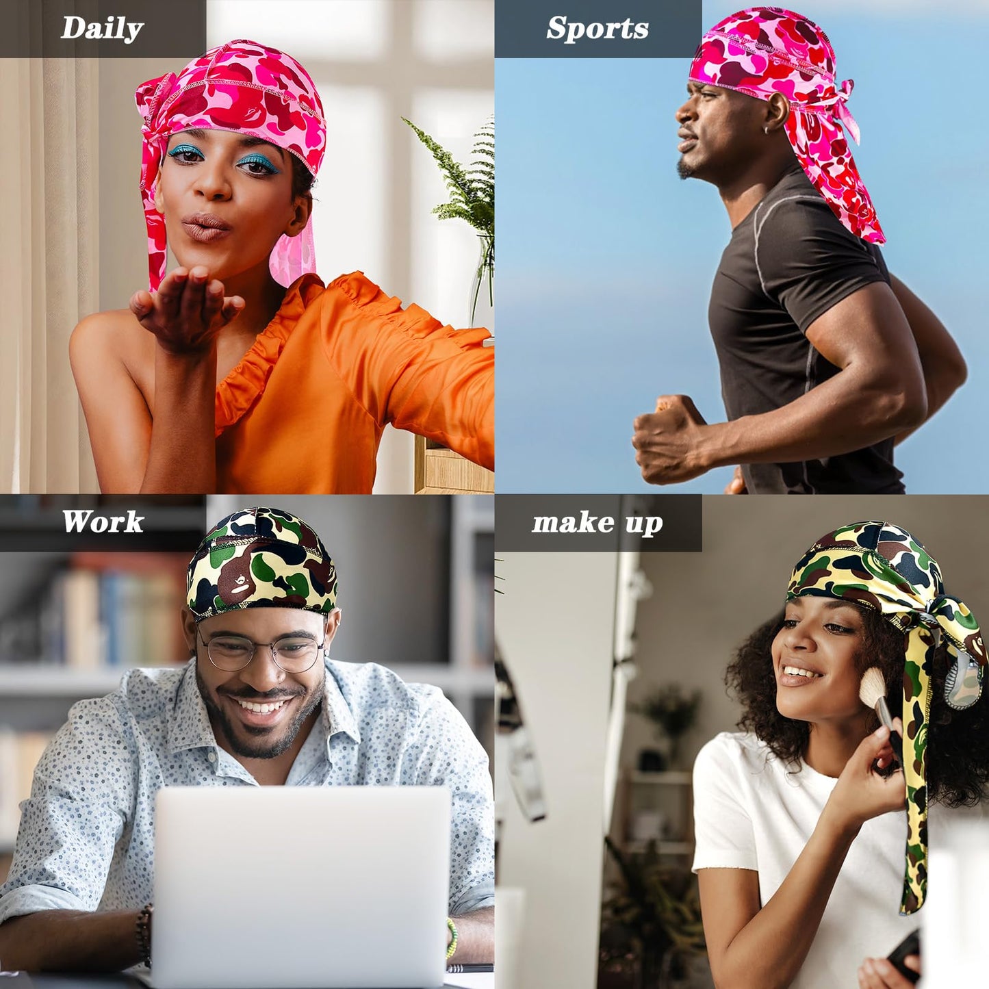 2Pcs Silk Durag for Men Designer Durag Silky Camouflage Cap Rags Hip Hop Turban Man Doorag Hair Wrap for Sleeping Dorag